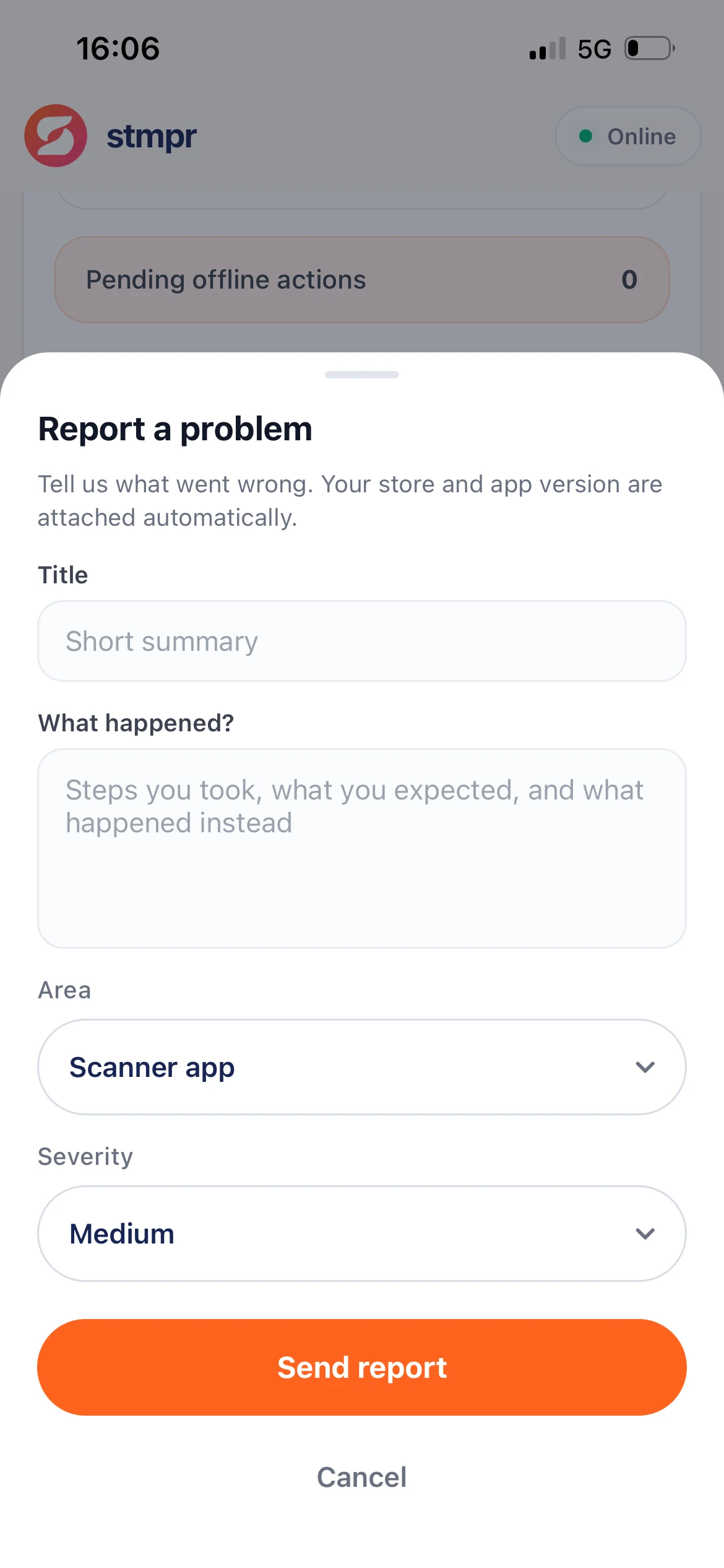 Report a problem form in scanner settings