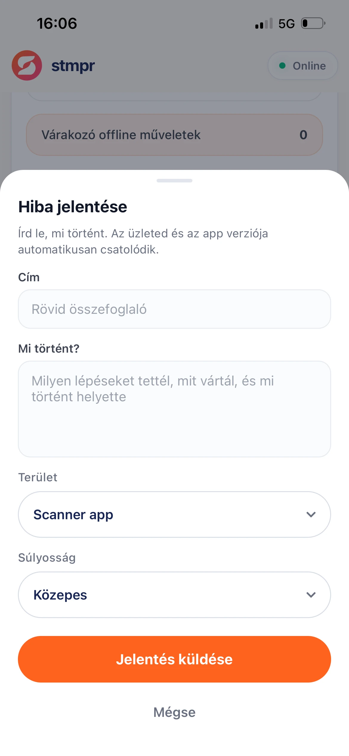 Probléma jelentése űrlap a szkenner app beállításaiban