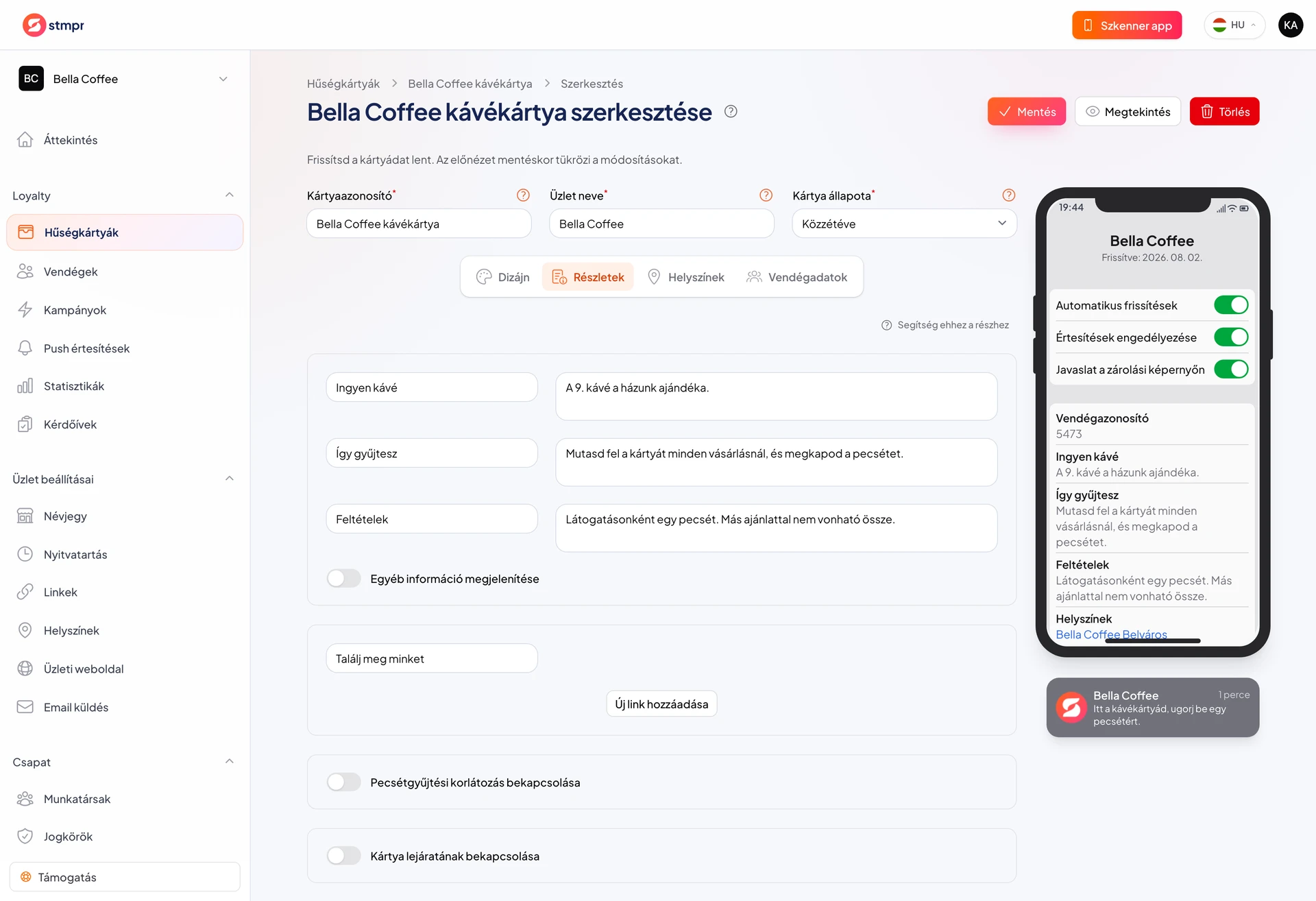 A jutalom mezője a Részletek fülön, kitöltött példaszöveggel