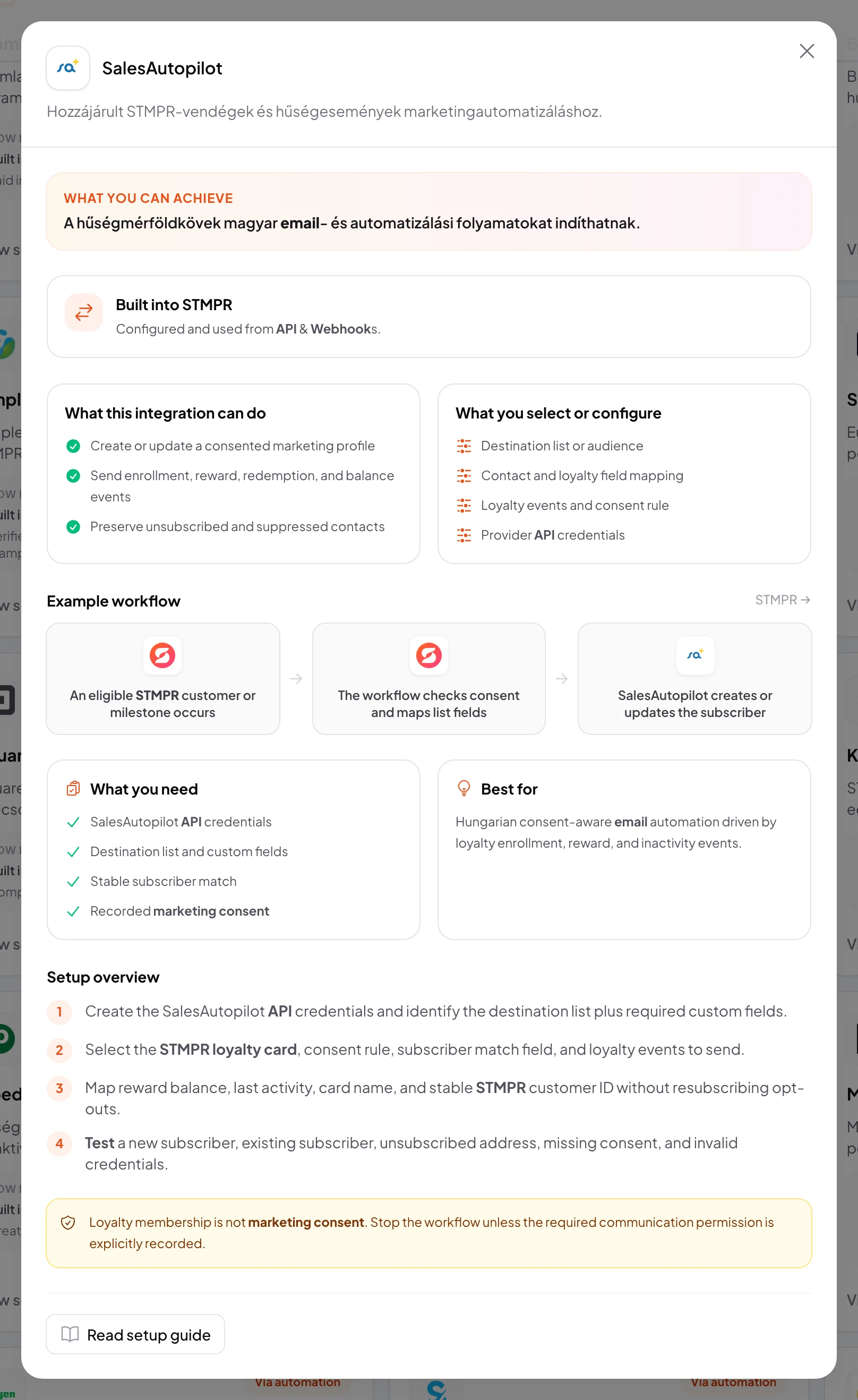 stmpr: configure the SalesAutopilot connection and workflow