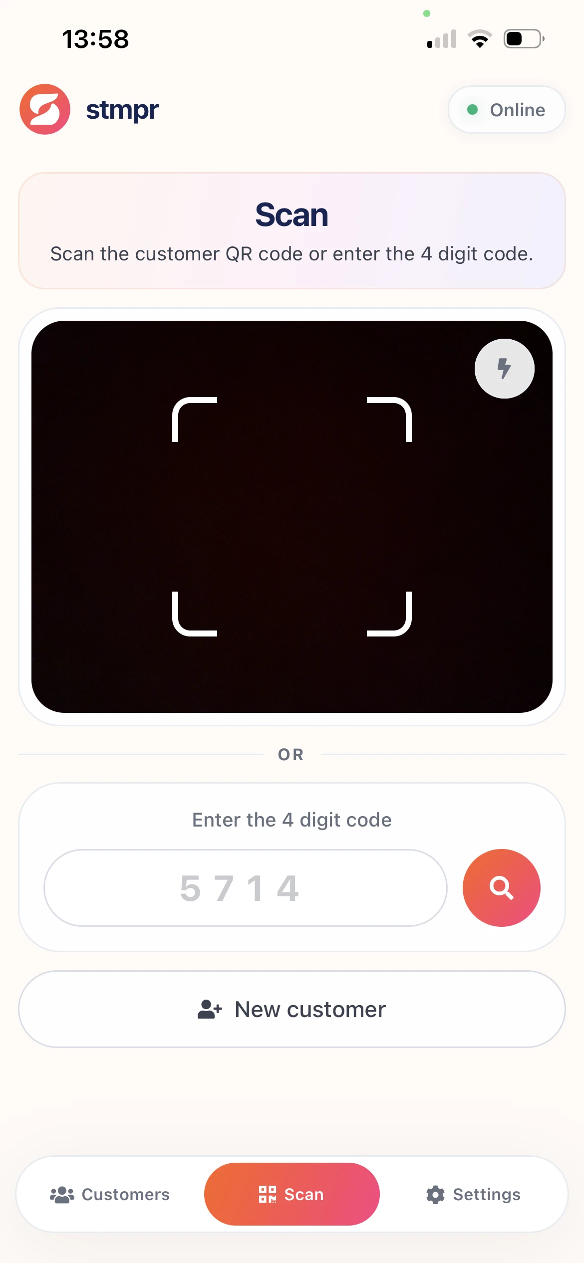 Scanner app: camera view and successful stamp
