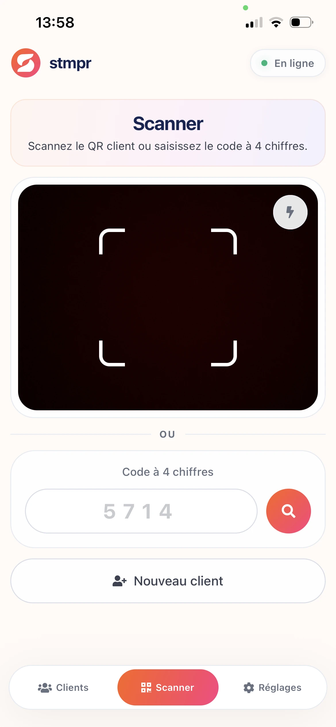 Application scanner : vue caméra et tamponnage réussi