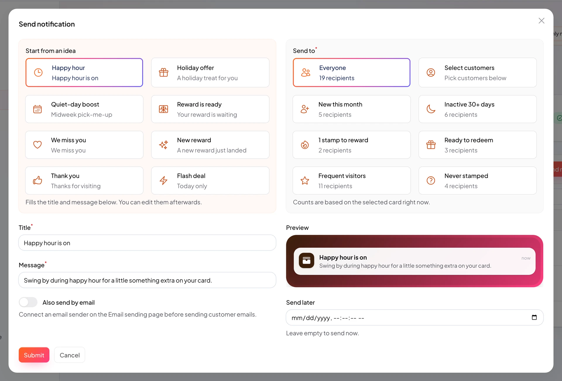 New notification form with audience, message, and schedule