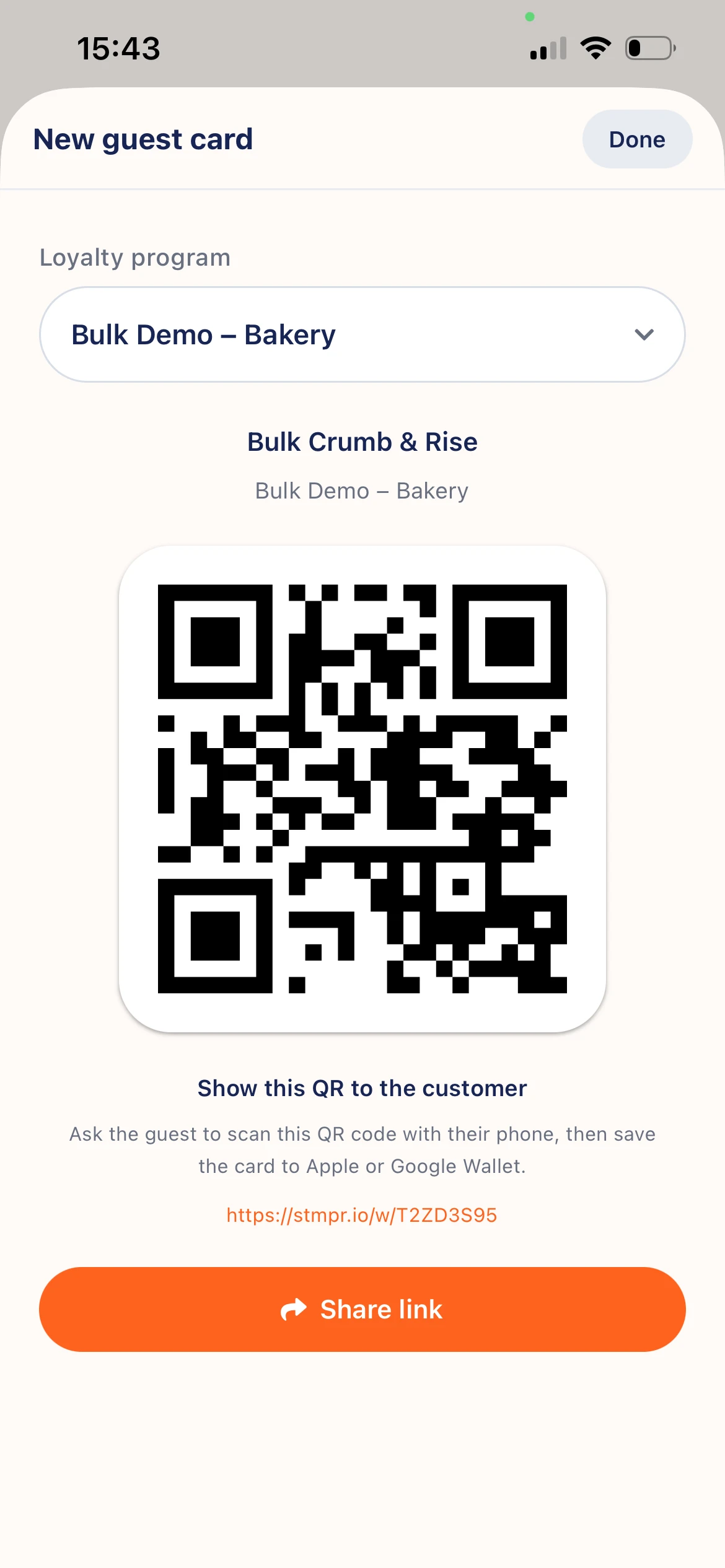 New customer: QR, share button, email or phone field