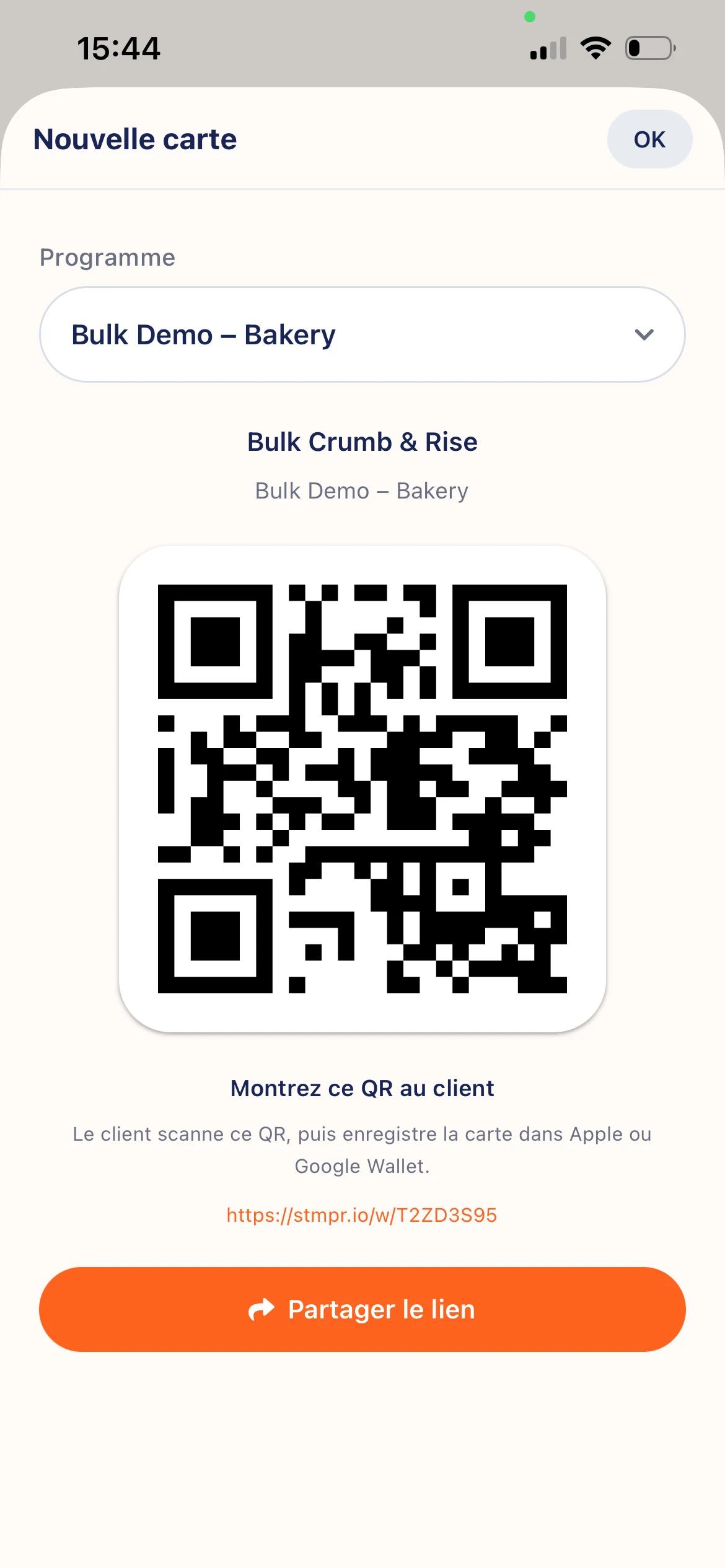 Nouvelle fenêtre invité : code QR, bouton de partage, et champ email ou téléphone