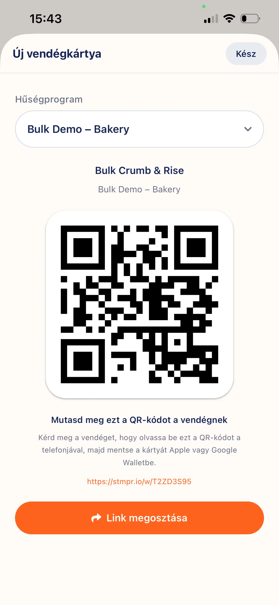 Új vendég ablak: QR kód, megosztás gomb és e-mail vagy telefon mező