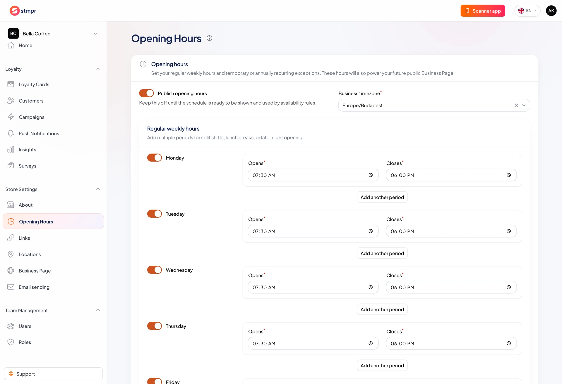 Opening hours editor with weekdays and slots