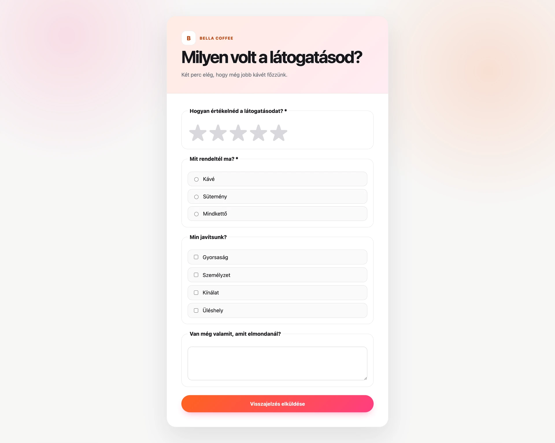 Publikus kérdőív link a kérdőív fejlécében és a kérdőív az üzleti weboldalon