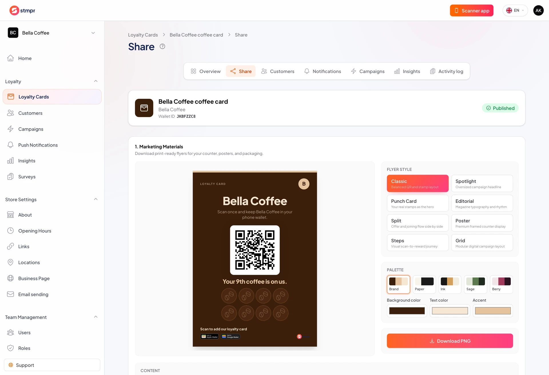 Share tab: QR code, copy link, Wallet badges