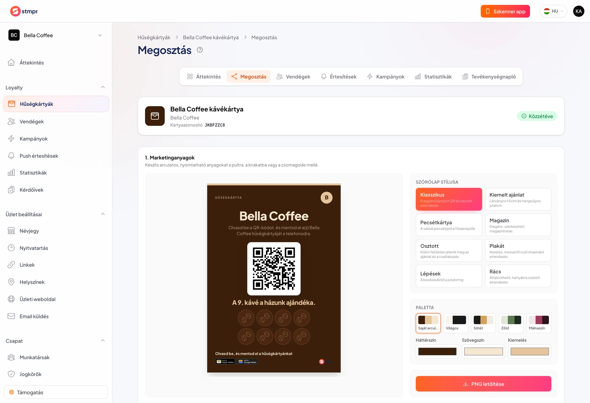 Megosztás fül: QR kód, link másolás, Wallet badge-ek