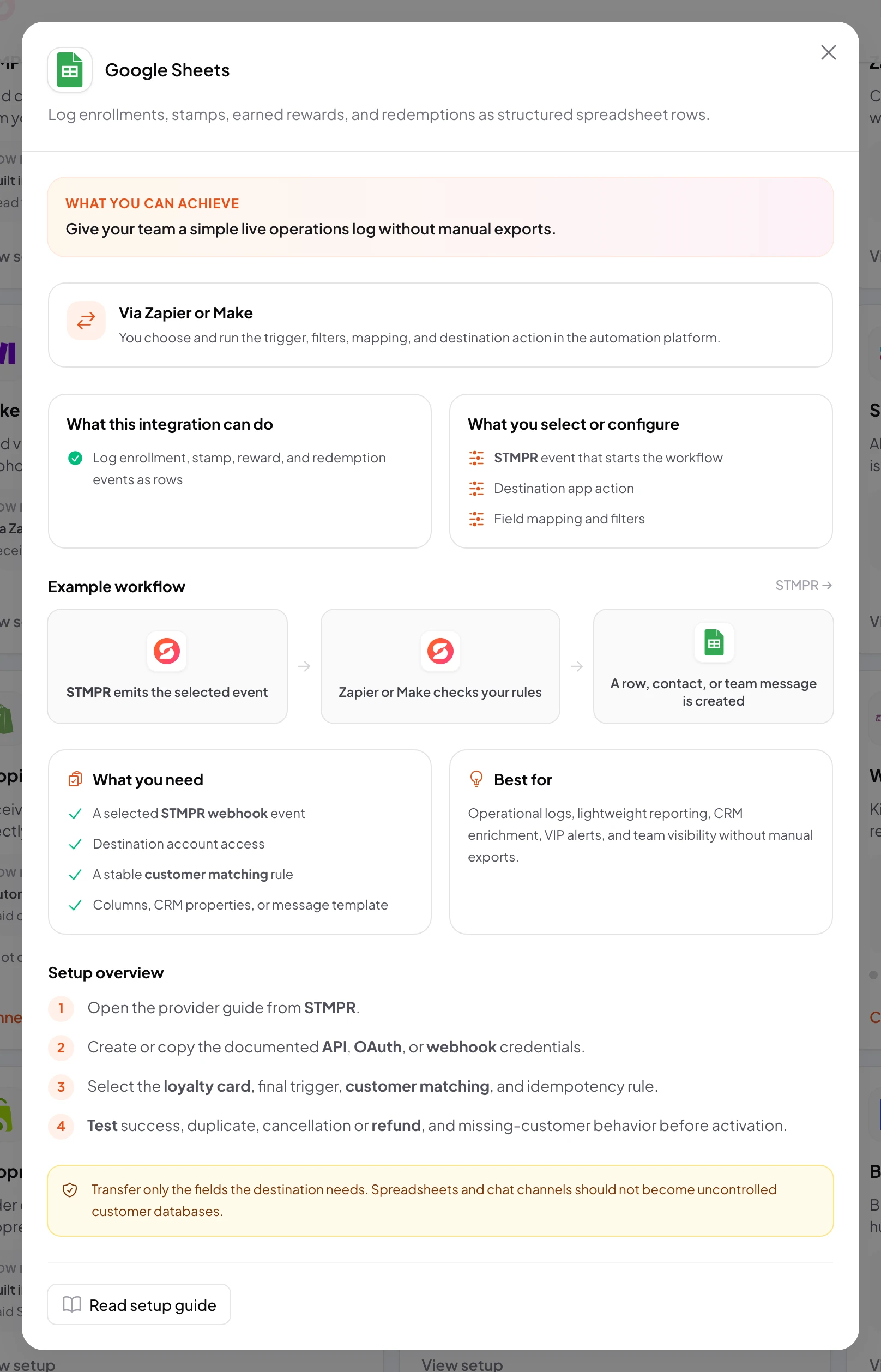 stmpr: configure the Google Sheets connection and workflow