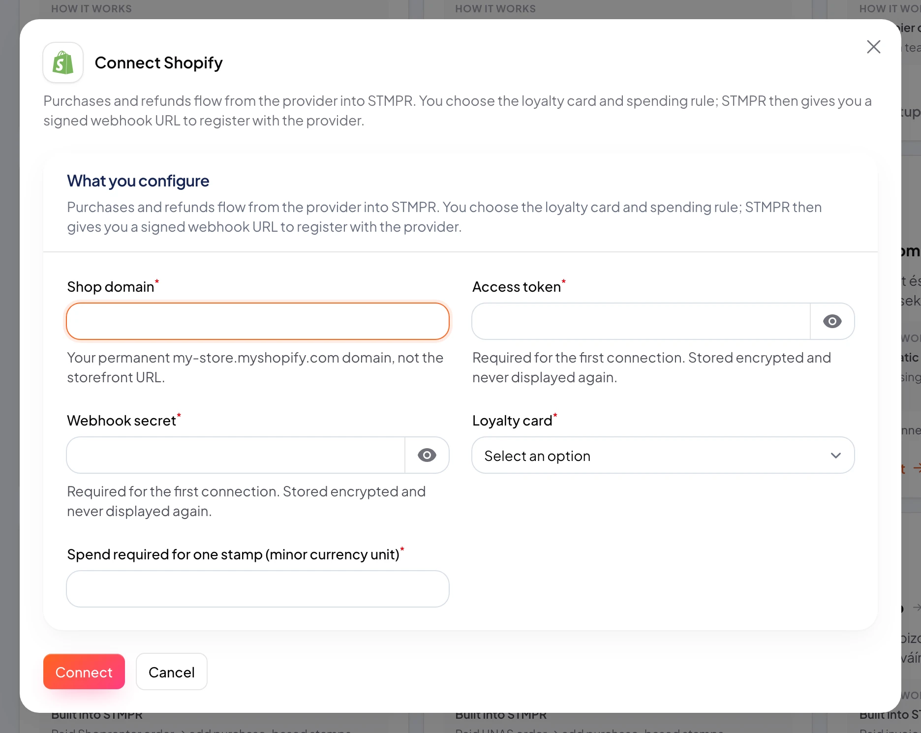 Shopify connection modal showing the inbound stmpr webhook URL