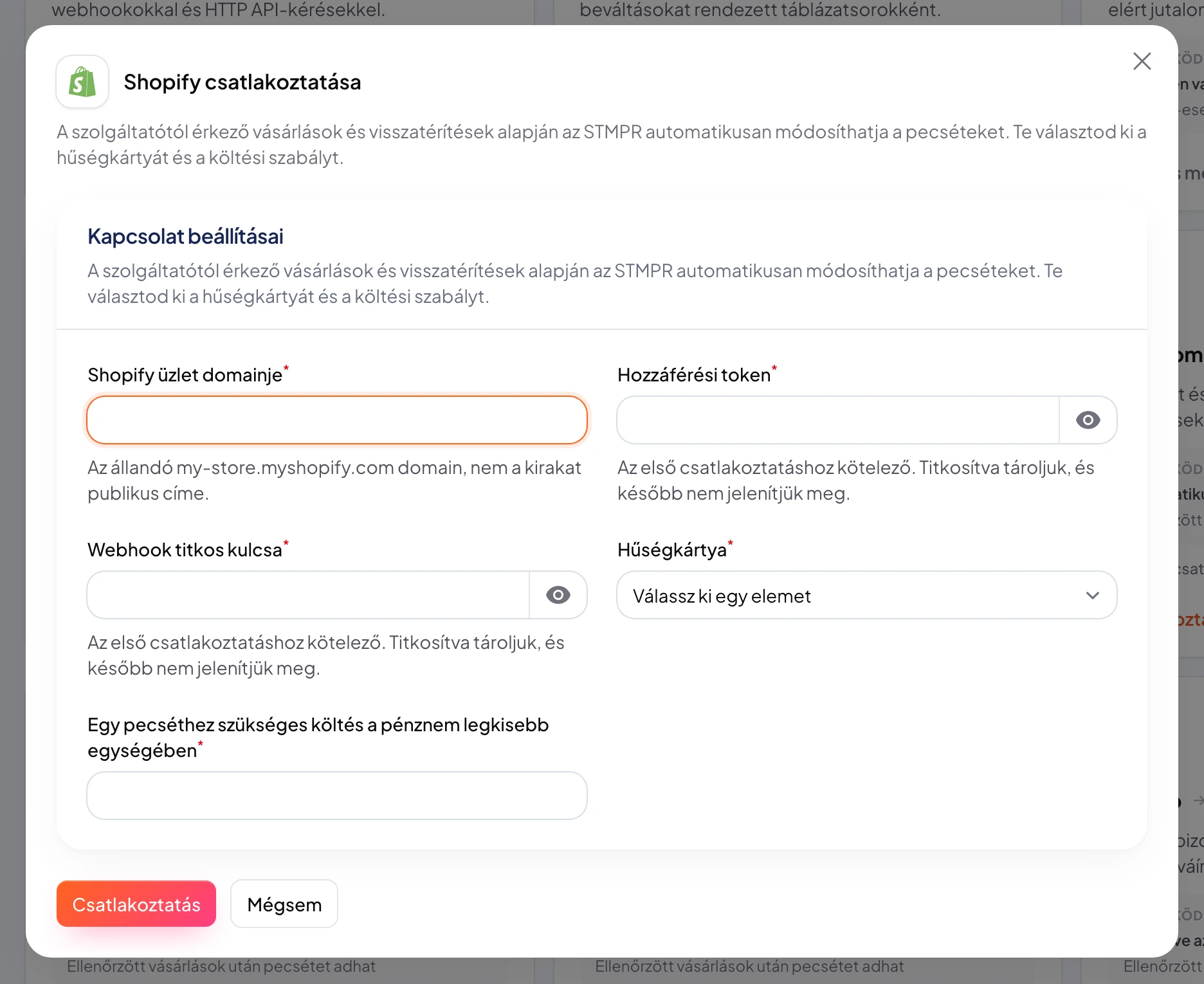 Shopify összekapcsolási ablak a bejövő stmpr webhook URL-lel