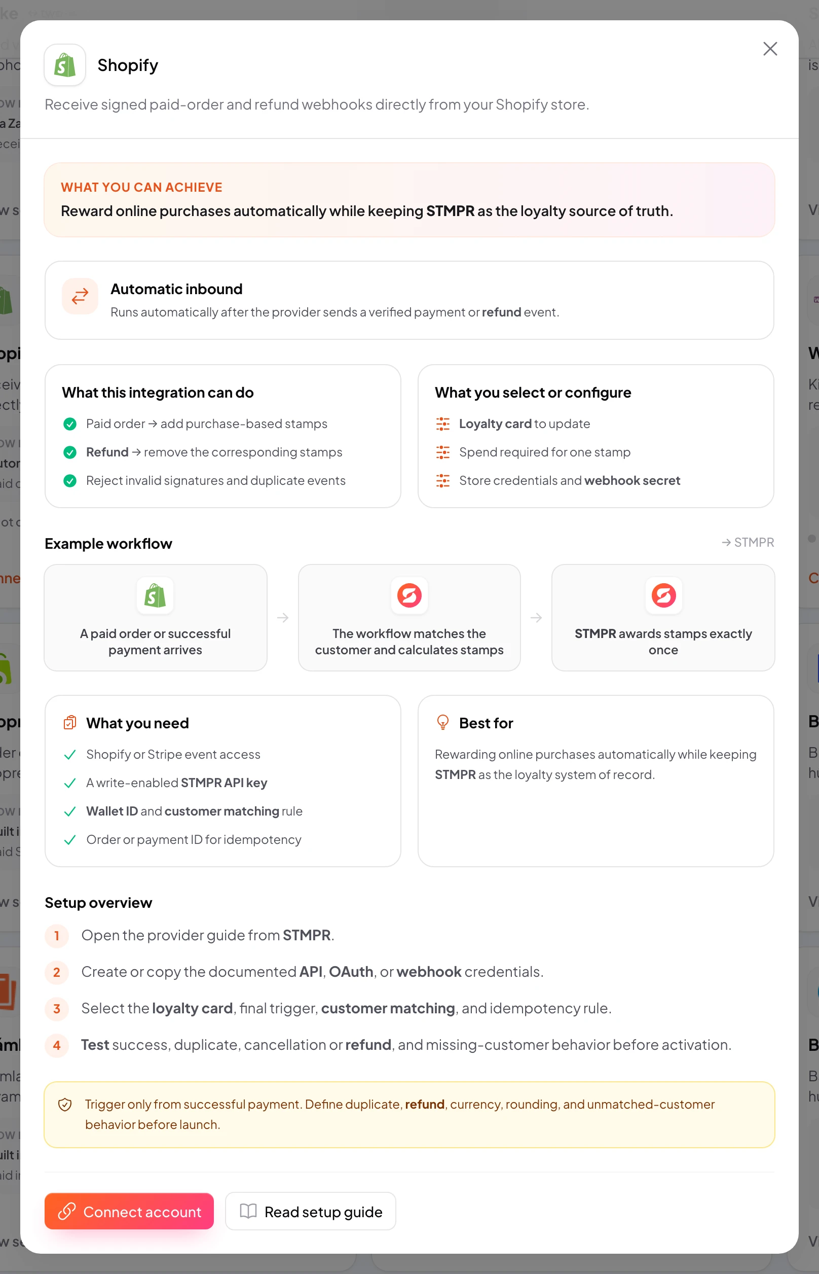 stmpr: configure the Shopify connection and workflow