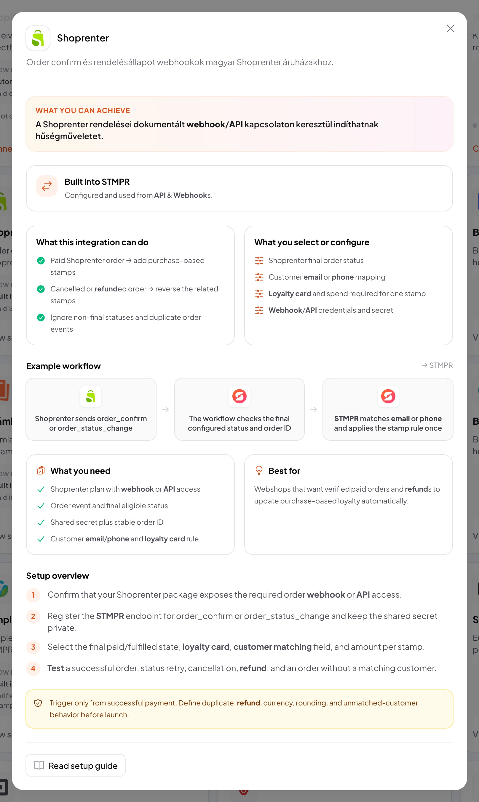 stmpr: configure the Shoprenter connection and workflow