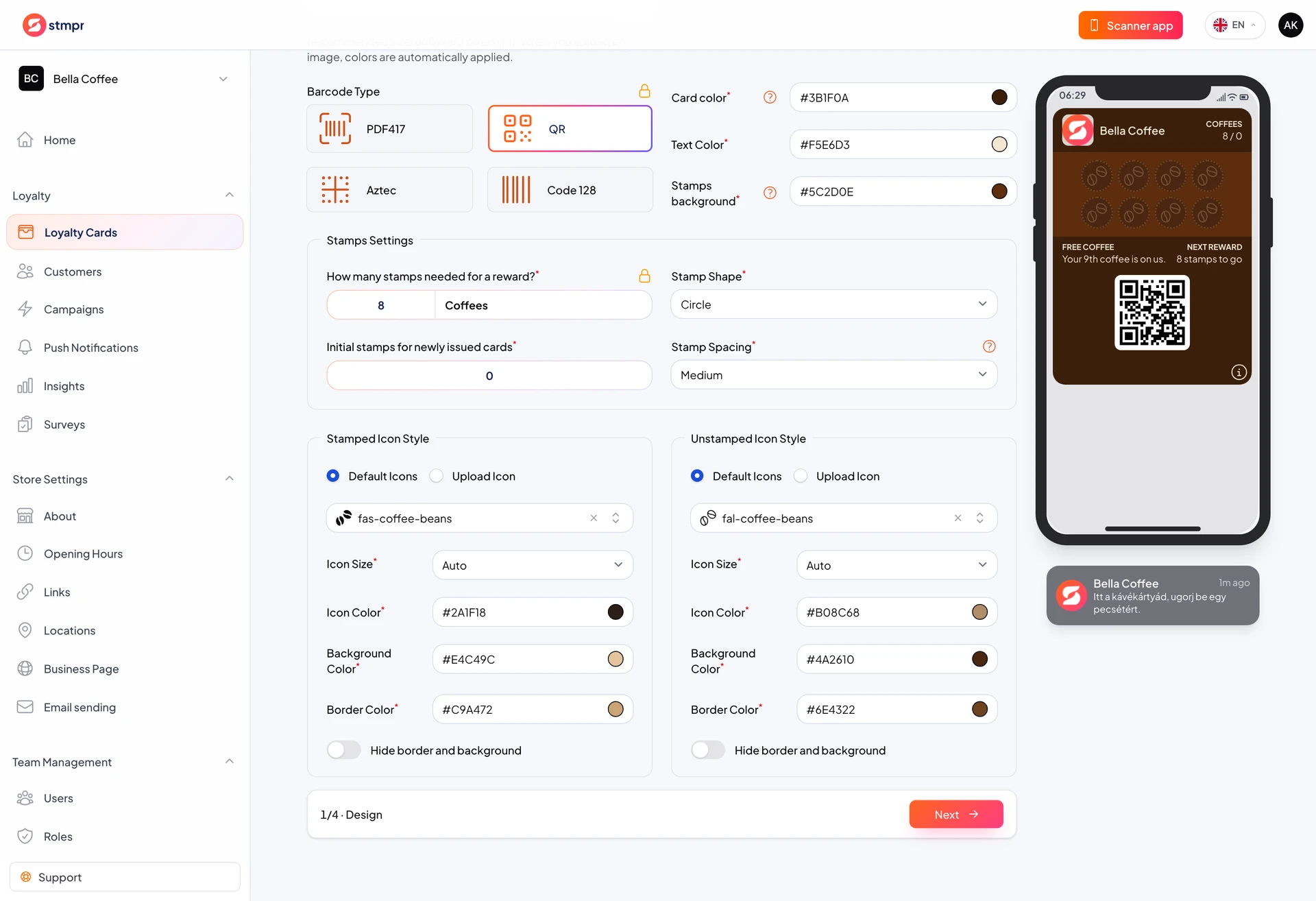 The stamp icon and shape picker on the Design tab