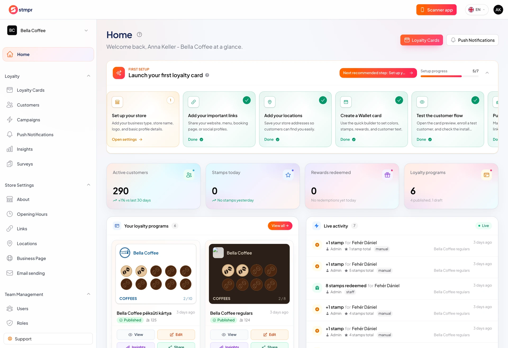 Dashboard Home page with KPI cards and program list