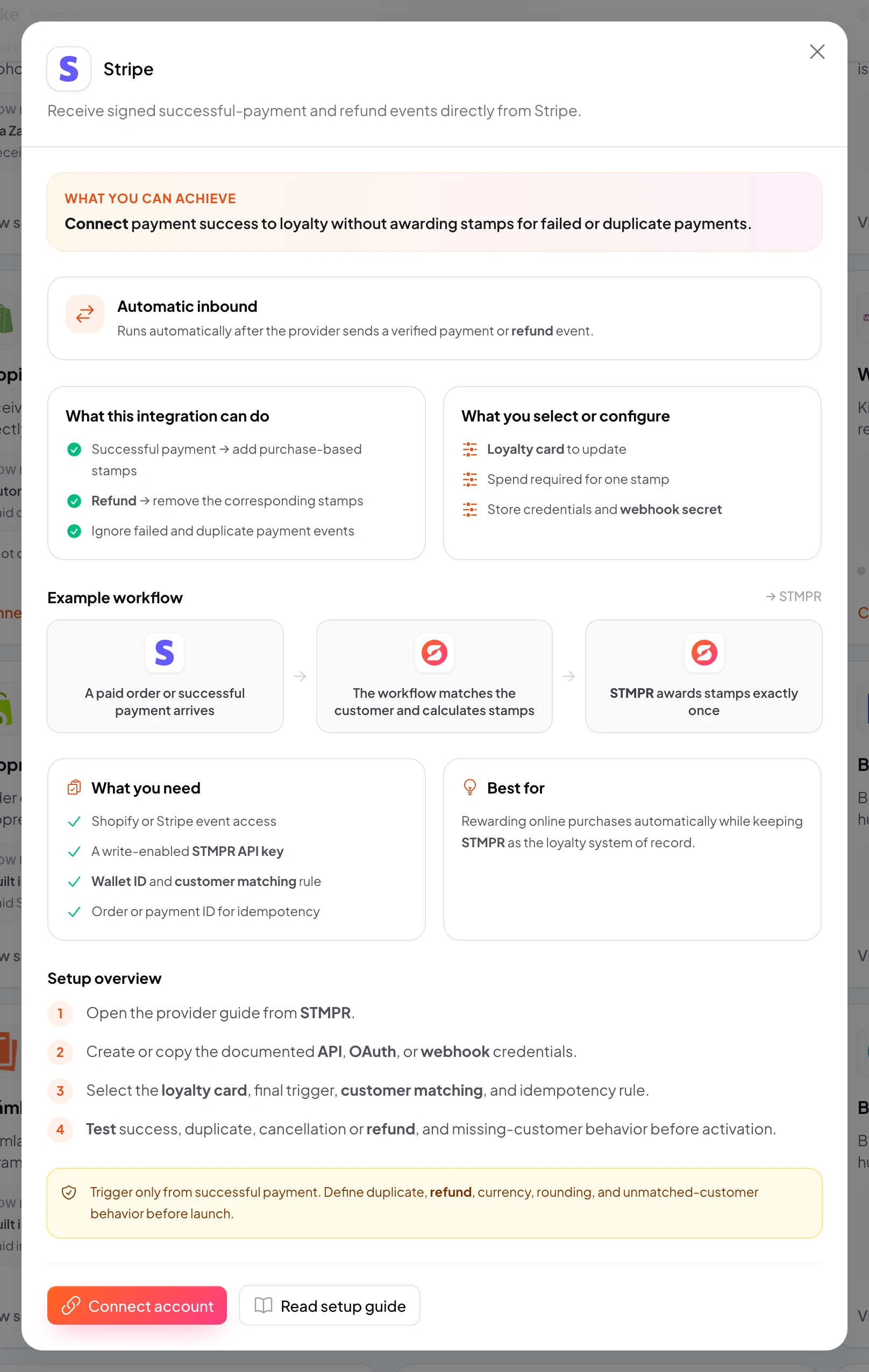 stmpr: configure the Stripe connection and workflow