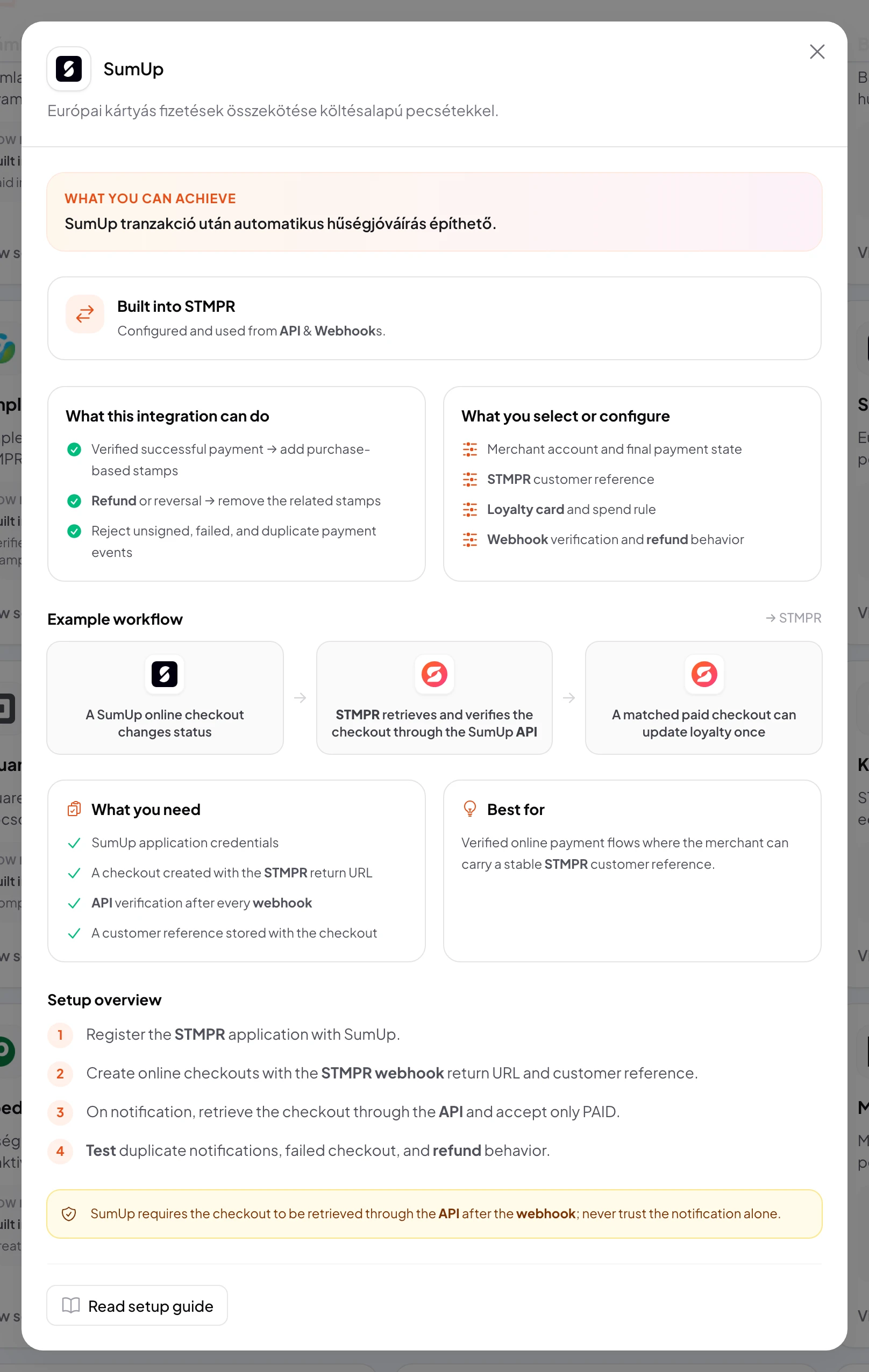stmpr: configure the SumUp connection and workflow