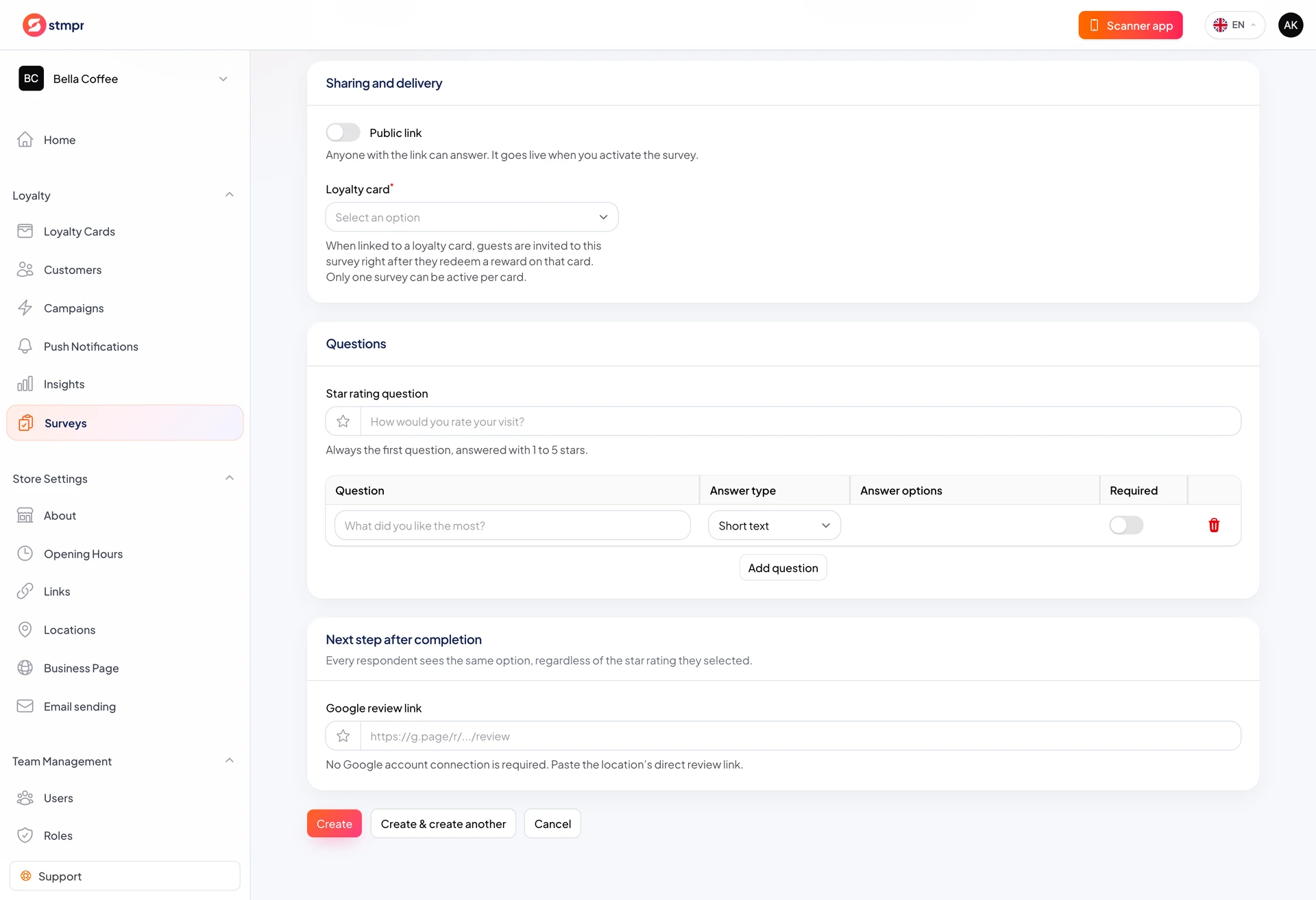 Survey settings with Wallet and email channels and stamp reward
