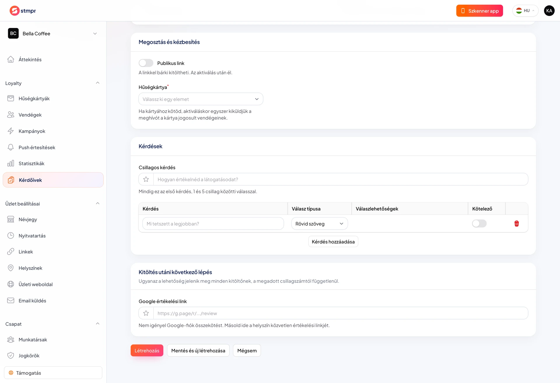 Kérdőív beállítások Wallet és e-mail csatornával, valamint pecsétjutalom mezővel