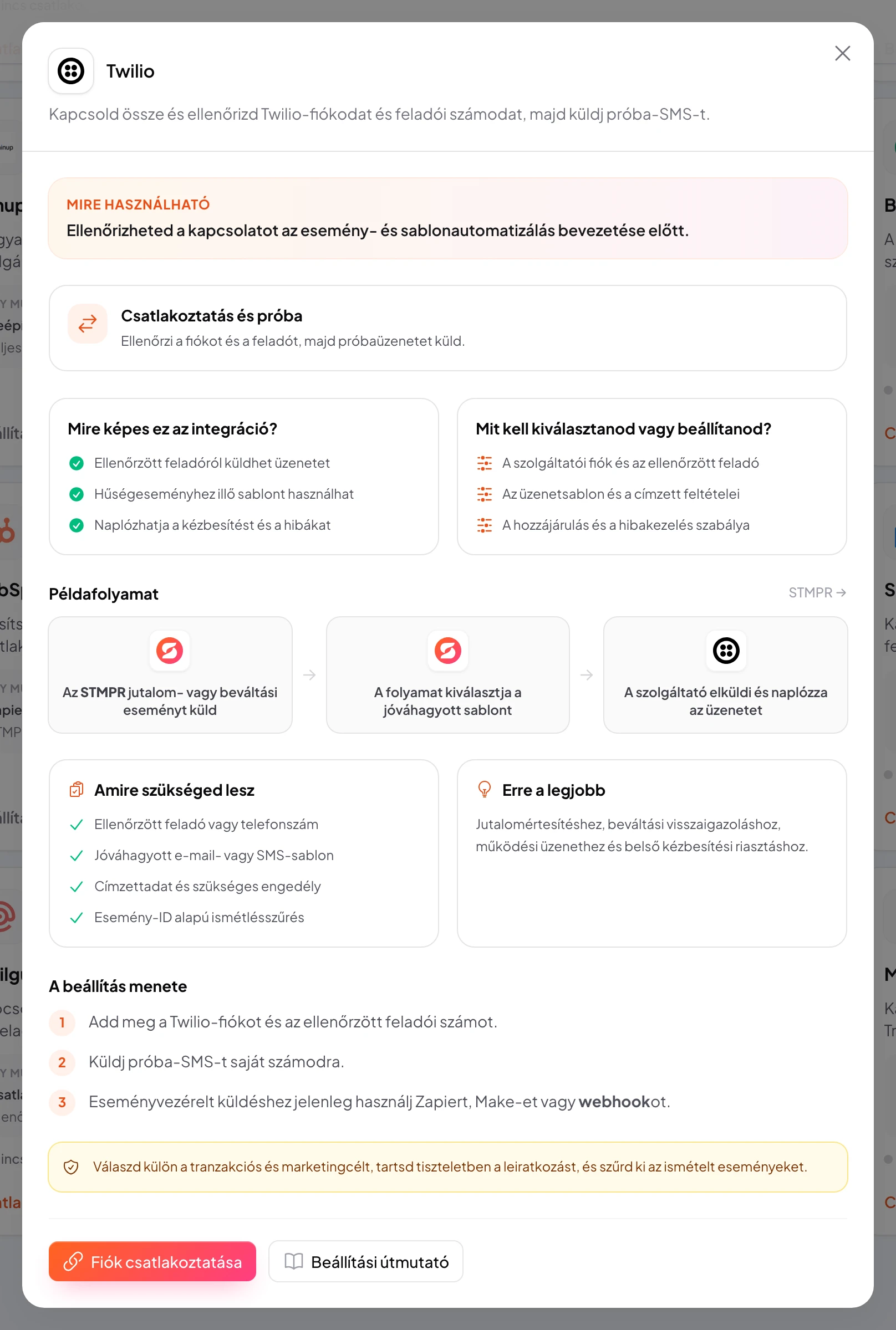 stmpr: Twilio kapcsolat és munkafolyamat beállítása