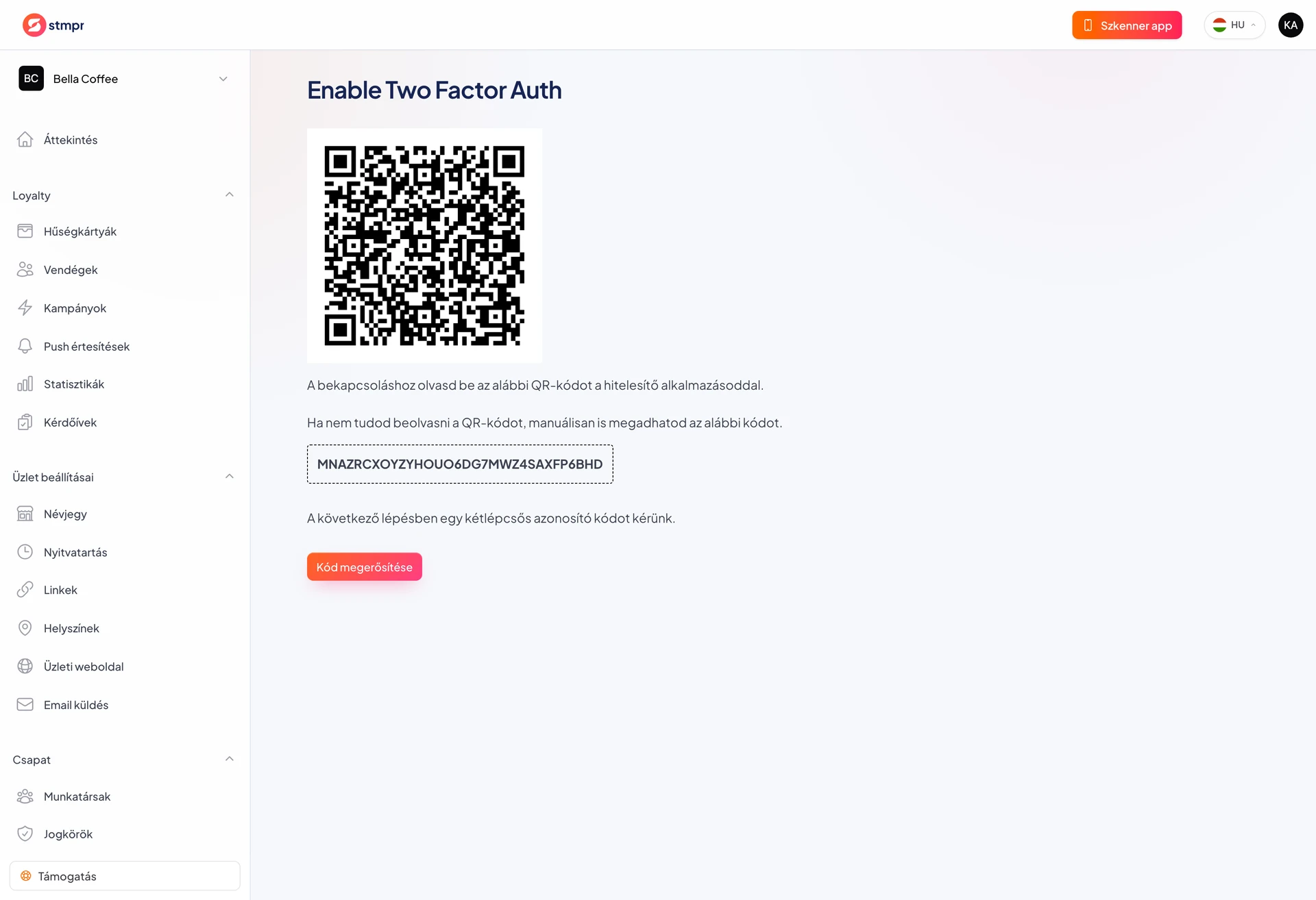 A kétlépcsős hitelesítés bekapcsolása a QR-kóddal