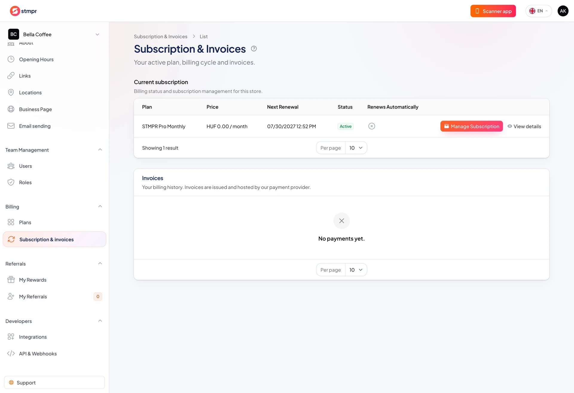 Billing page with update payment method action