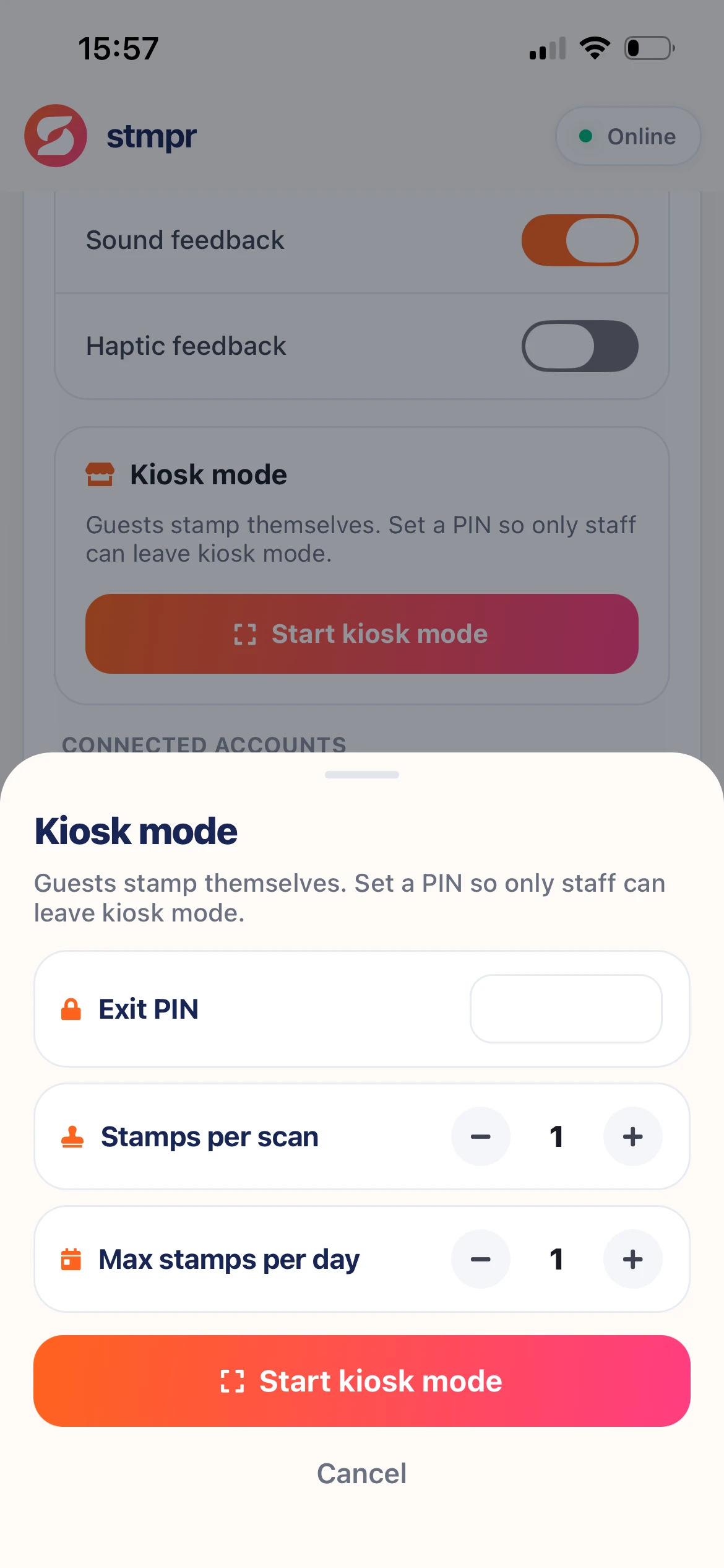 Kiosk settings on scanner Settings screen