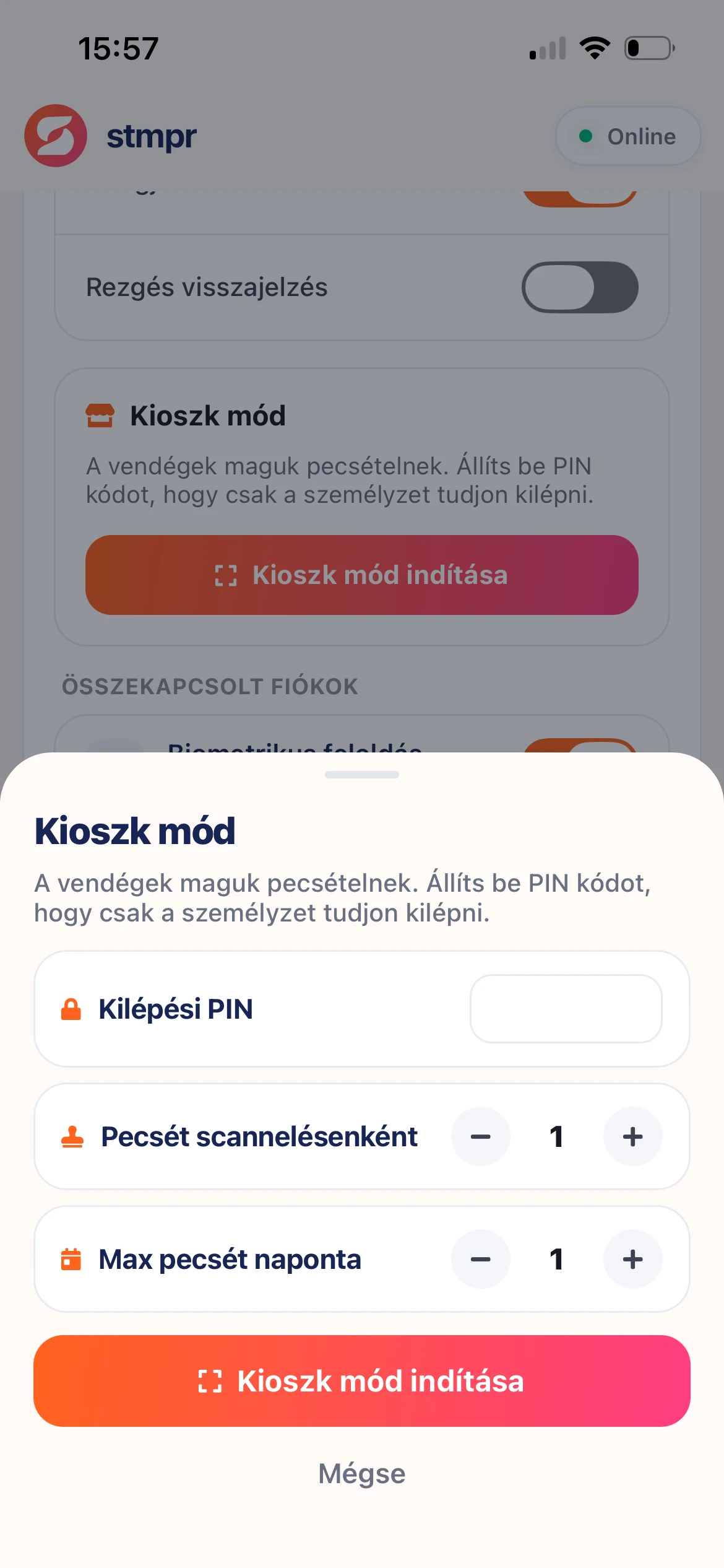 Kioszk beállítások a szkenner app beállítások képernyőjén