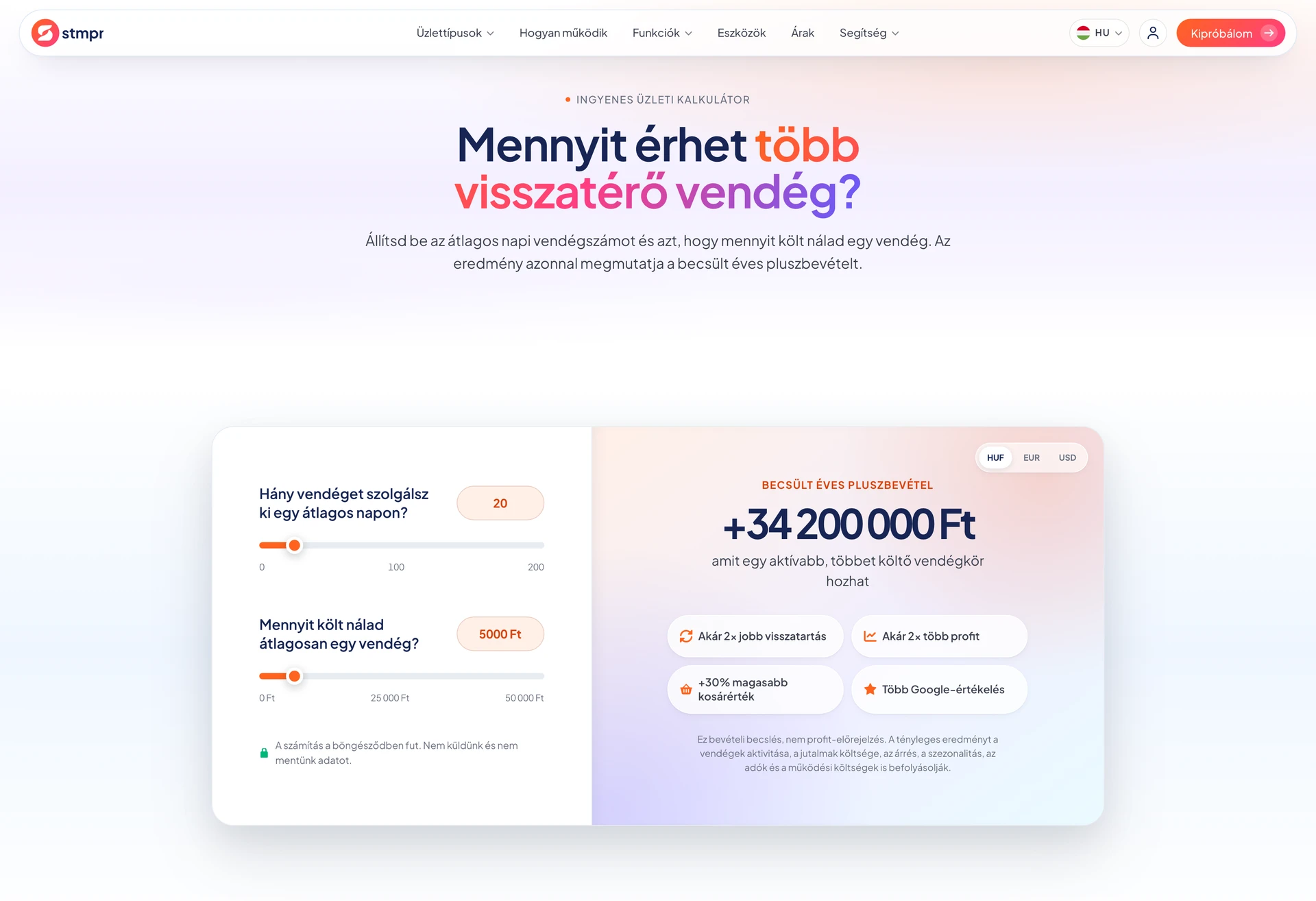 ROI calculator with sliders for daily customers and average spend