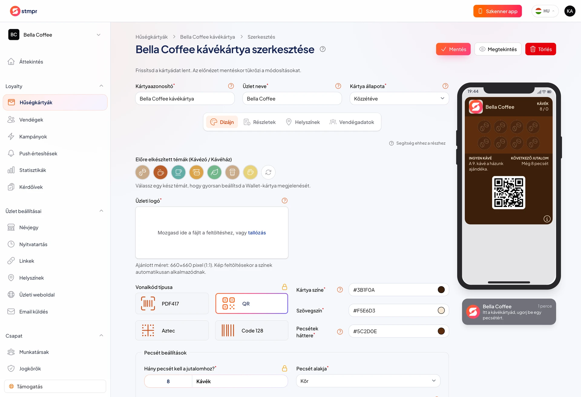 Dizájn fül: színválasztó, pecsét ikonok, telefon mockup