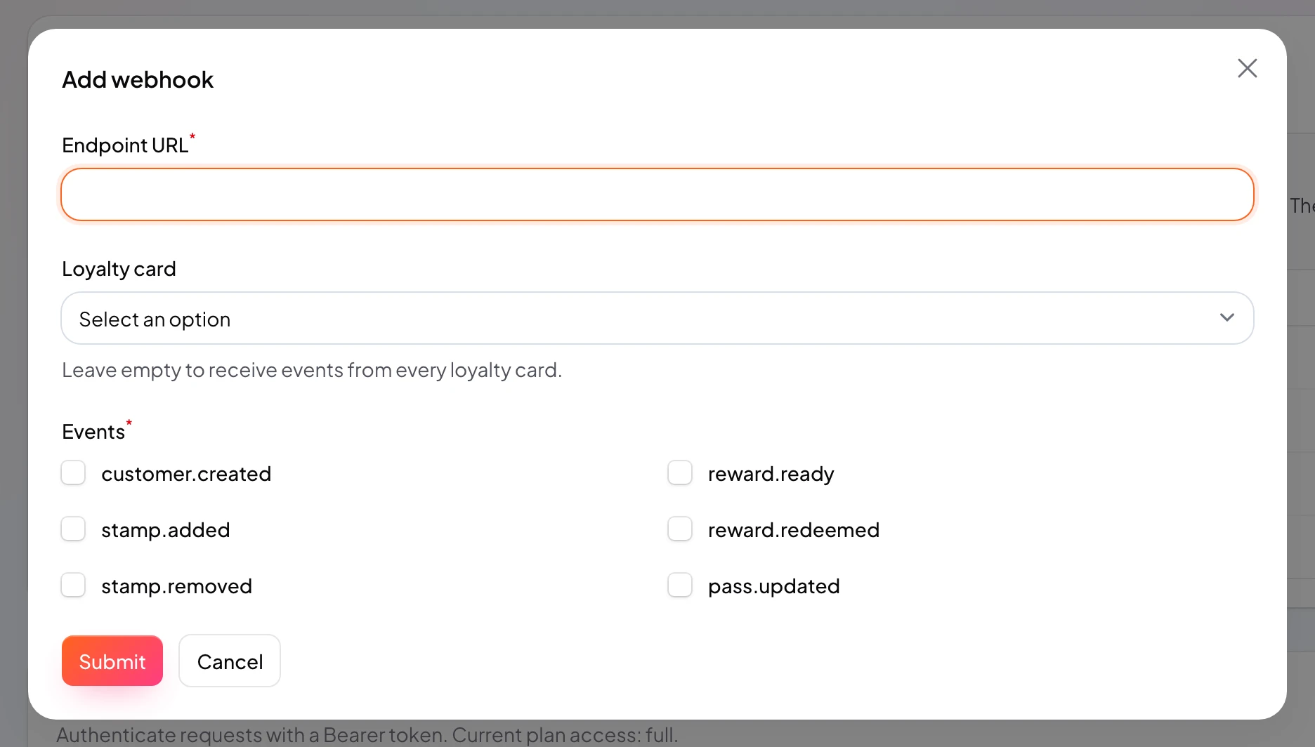 Webhook setup modal with wallet scope and event selection