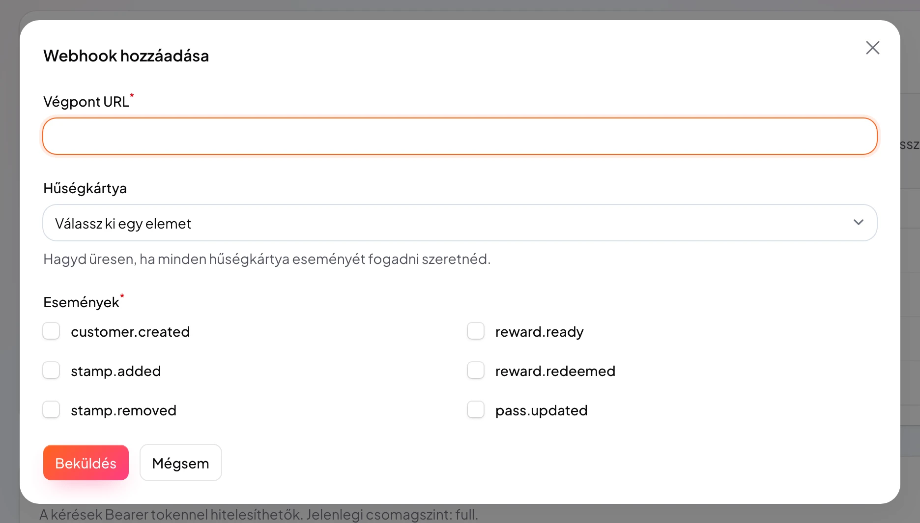 Webhook végpont beállítása eseményválasztóval és aláírási titokkal