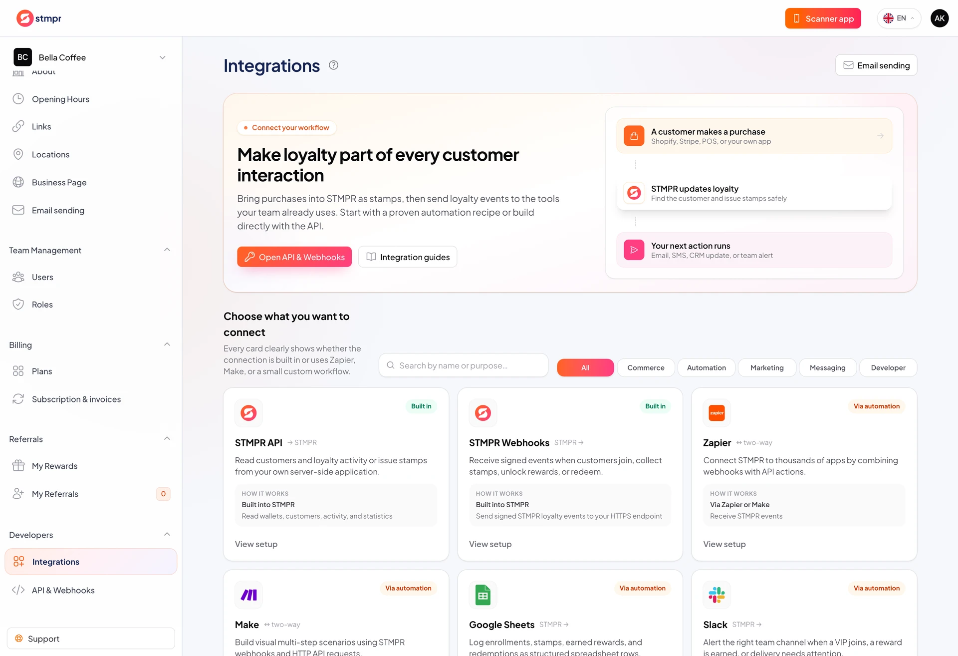 Integrations dashboard with Zapier and Make setup cards