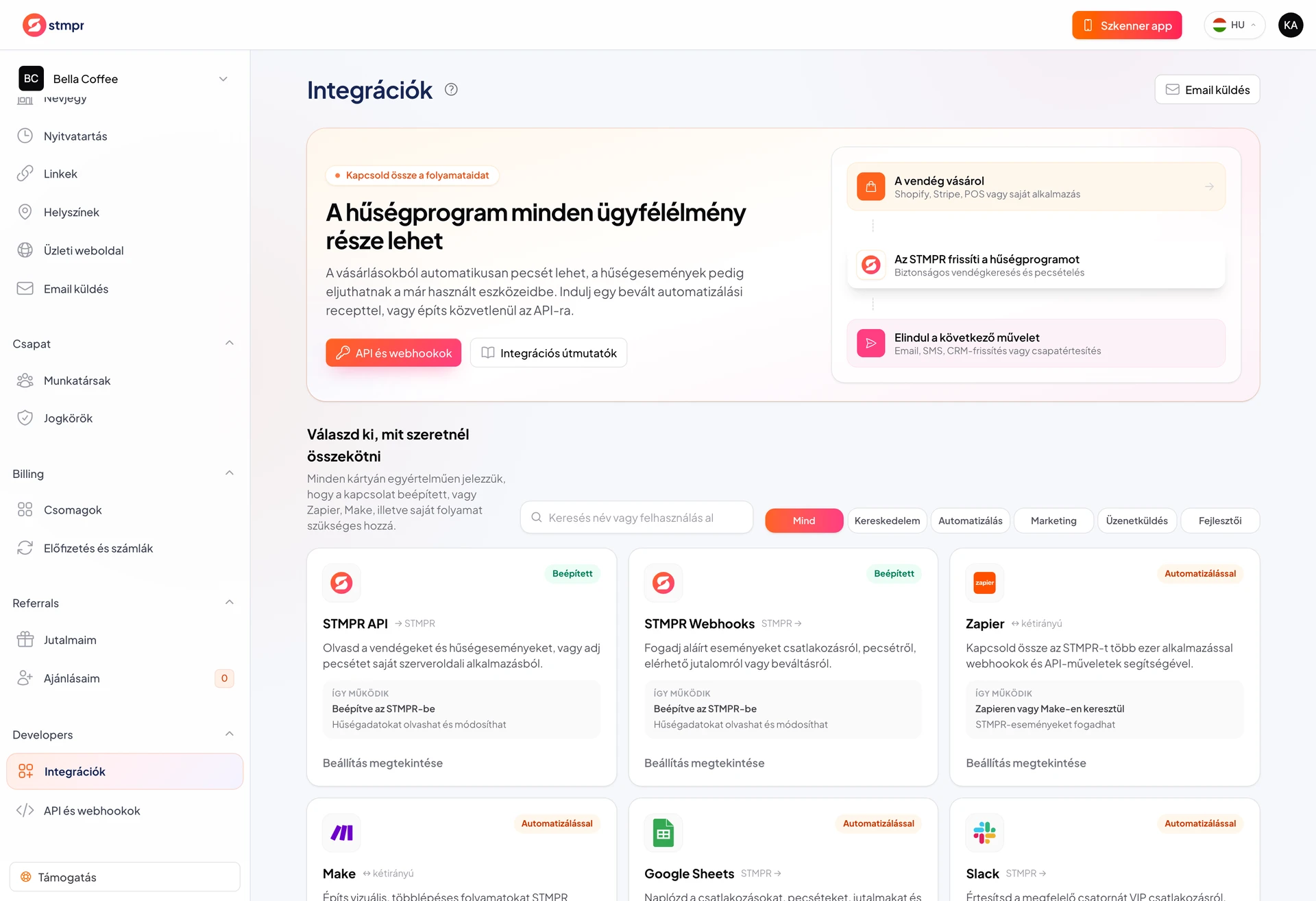 Integrációk oldal Zapier és Make beállítási kártyákkal
