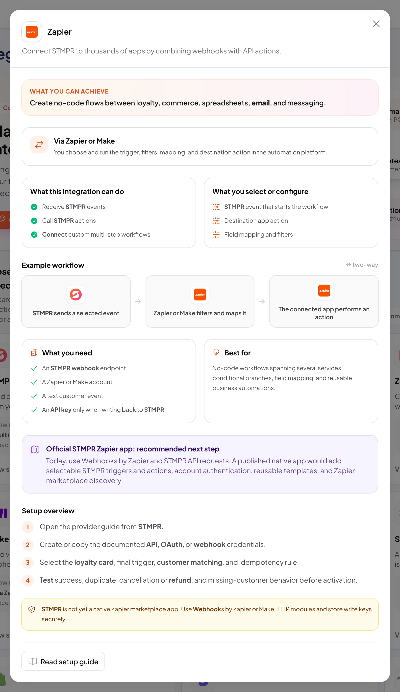 stmpr: configure the Zapier connection and workflow