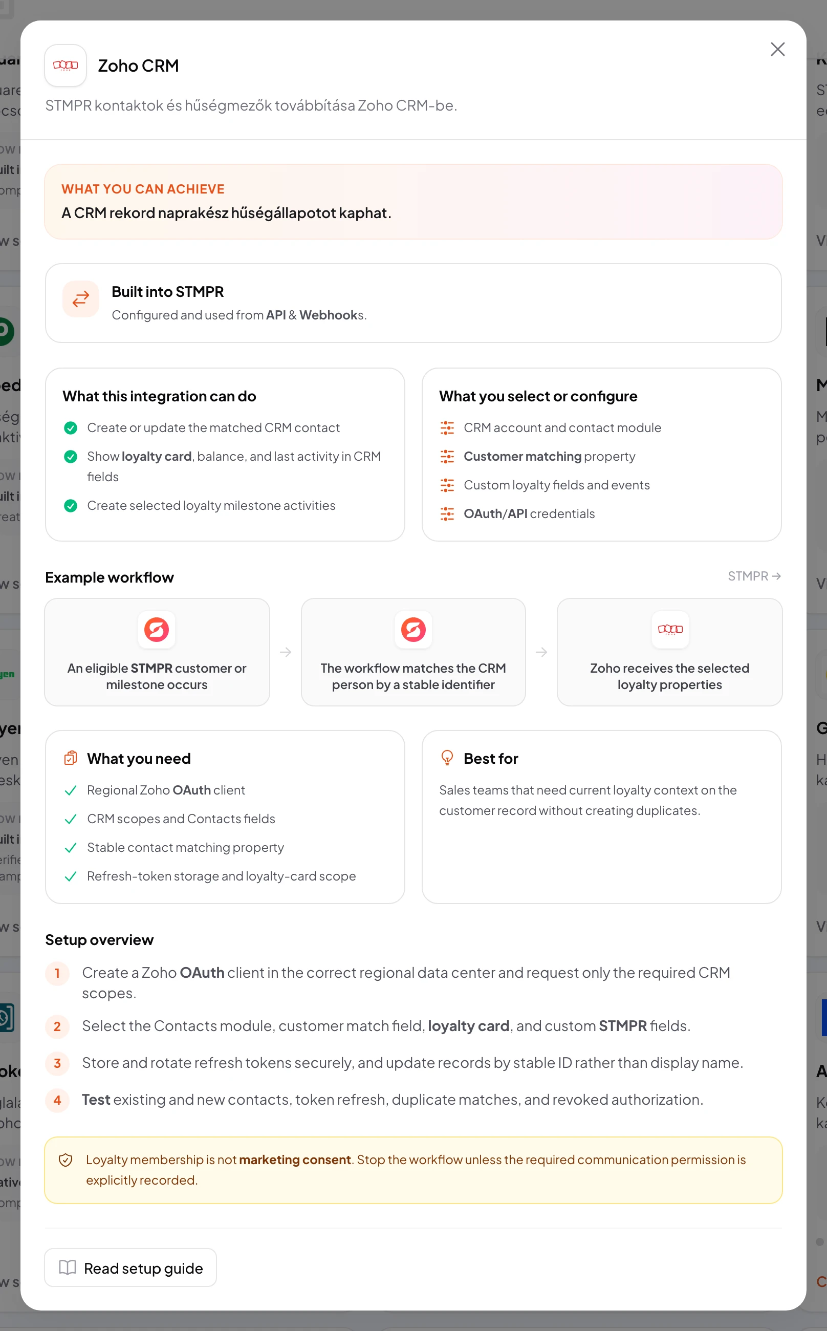 stmpr: configure the Zoho CRM connection and workflow